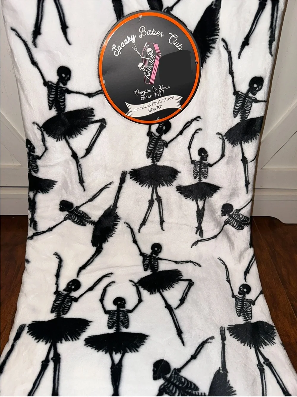 Skeleton Ballerina Plush Throw Blanket in White and Black